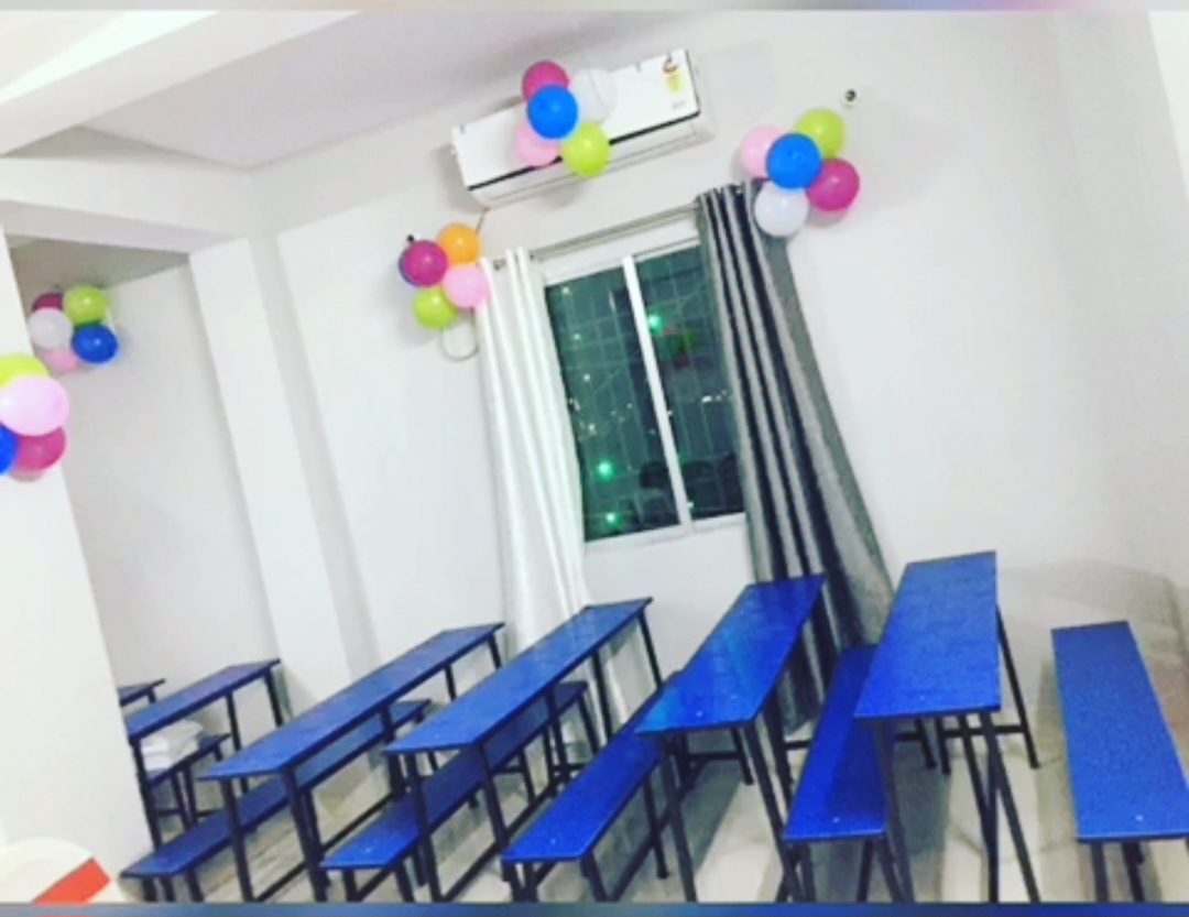An empty classroom decorated for a school event